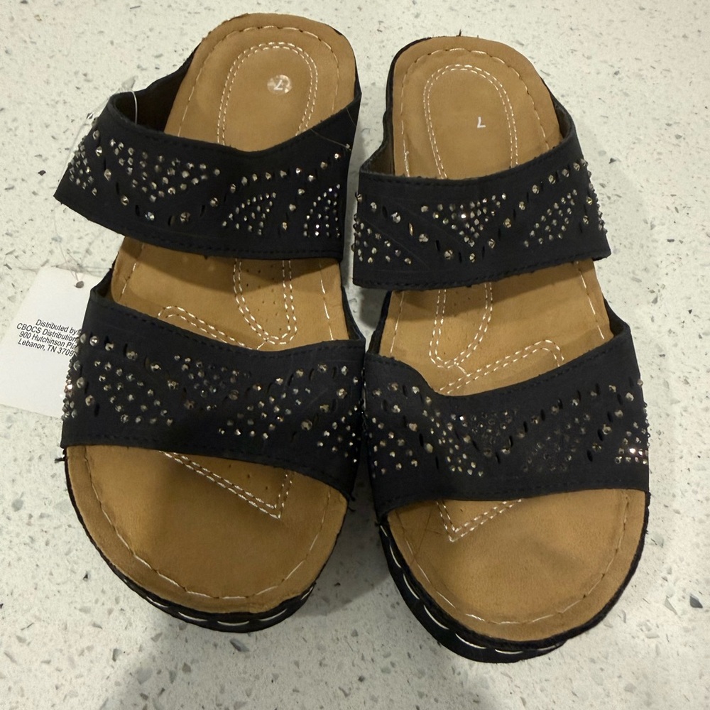 Black Embellished Women’s Double-Strap Slide Sandals